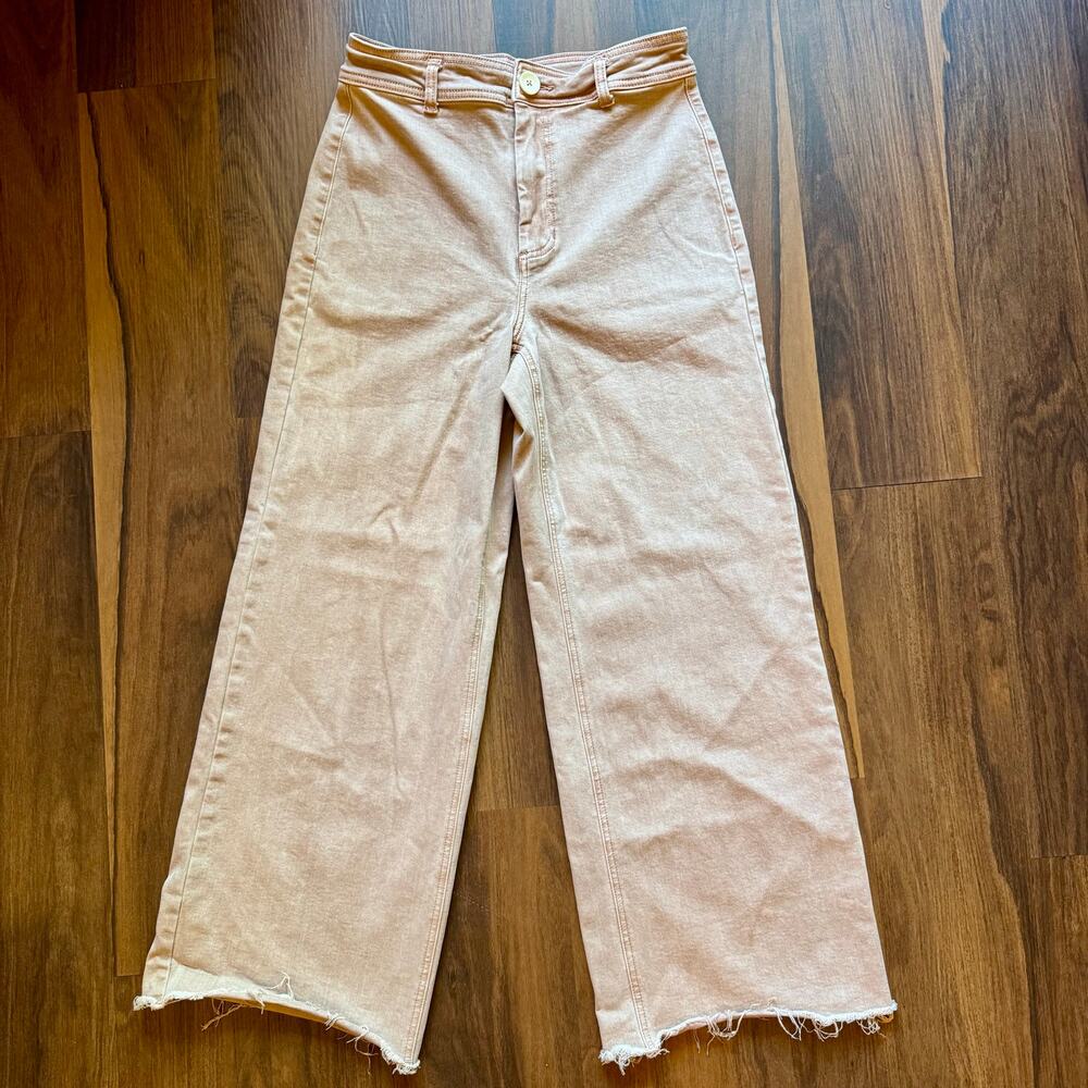 OAT New York Wide Leg Raw Hem Pants 8/29 Beige High Rise Cotton Blend Casual